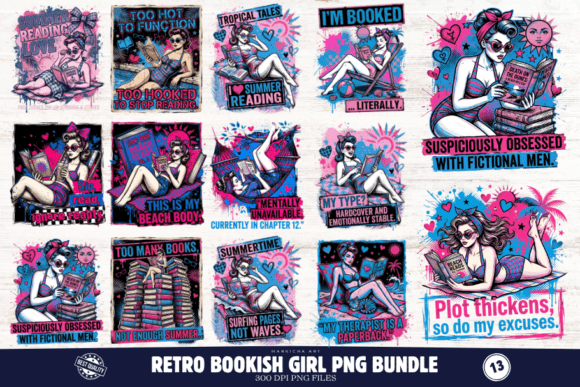Download Retro Bookish Girl PNG Illustrations - Retro Collection