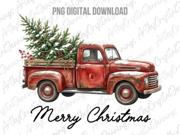 Download Retro Red Merry Christmas Truck PNG - Retro Collection